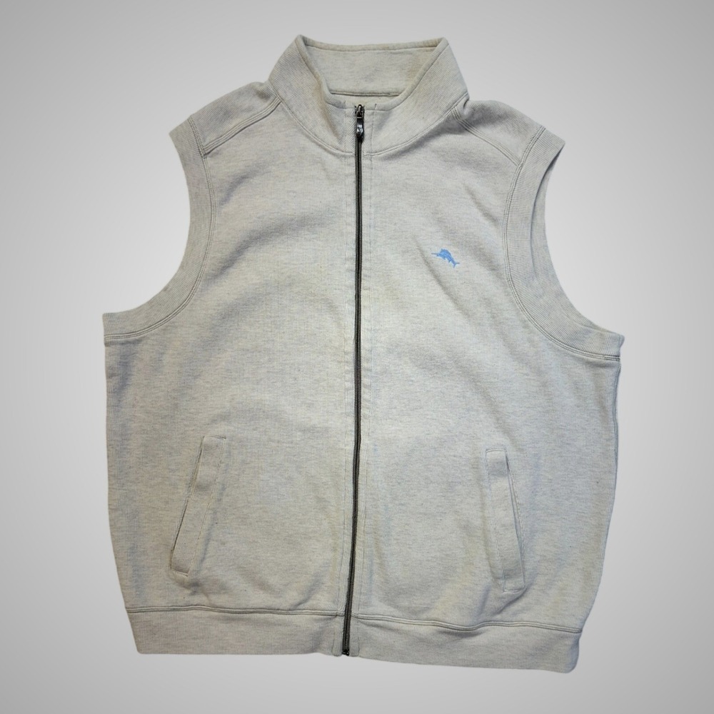 Tommy Bahama Quarter Zip Vest Mens XL Oatmeal Excellent Ribbed Cotton Marlin